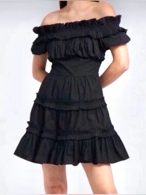 Love the Label Rosaline Off-Shoulder Ruffle Tiered Mini Dress NWT black